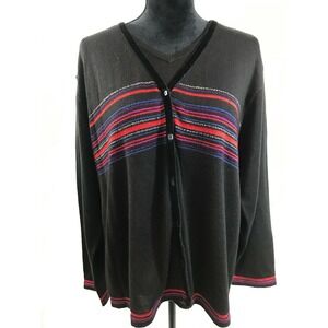 Villager Signature Liz Claiborne‎ Black Metallic Striped Velvet Trim Cardigan 1